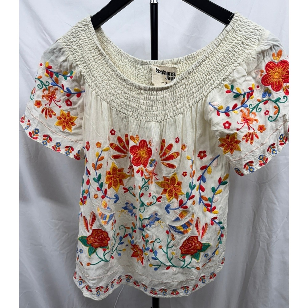 Savanna Jane Women's Colorful Floral Embroidered Off the Shoulder Top in Cream S